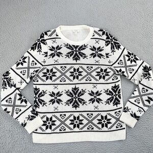 J.Crew Sweater Mens XL White Black Fair Isle Nordic Snowflake Knit Crewneck